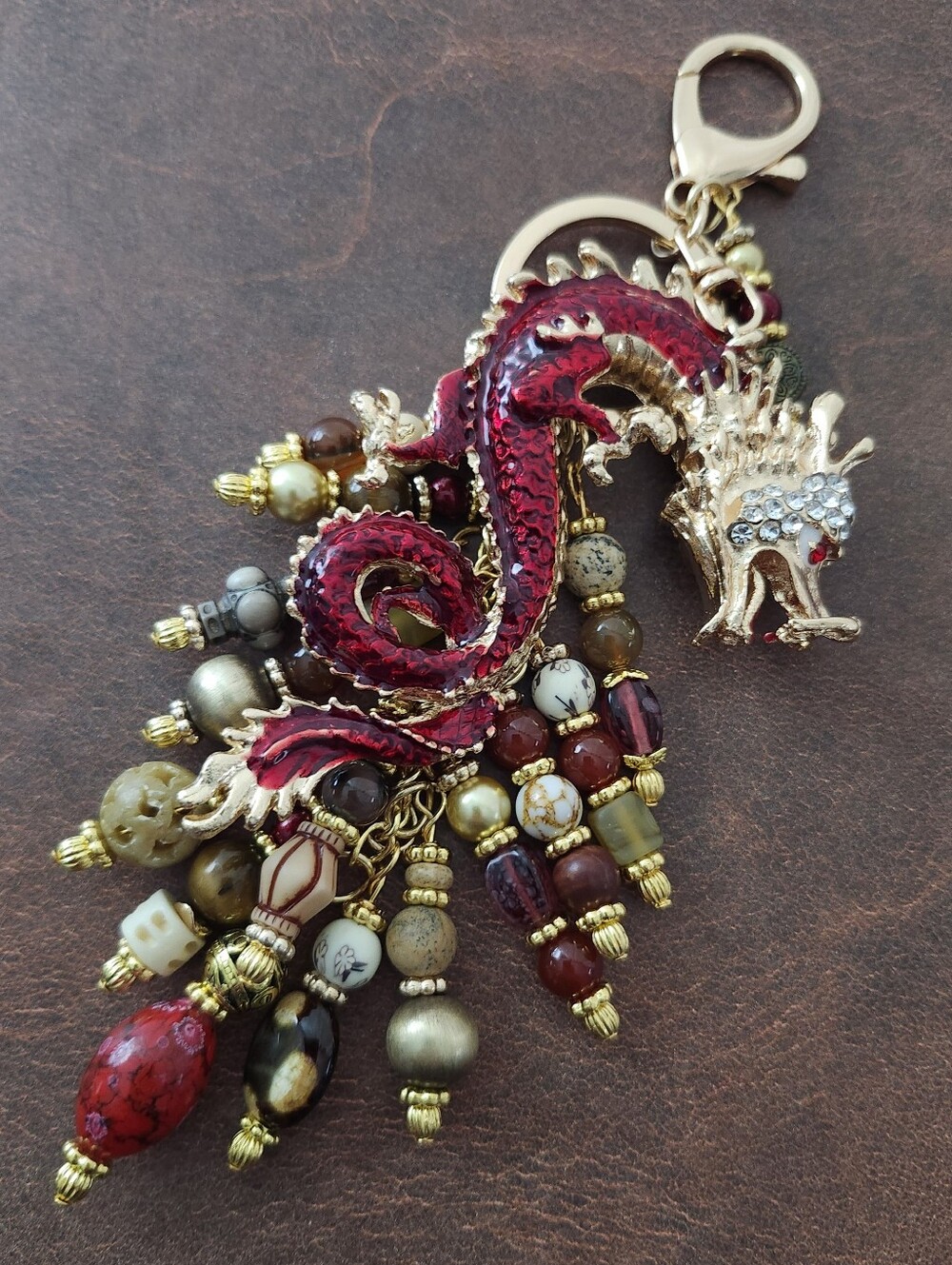 Dragon Bag Charm or Keychain Tigers Eye Carnelian Agate Over-sized Handcrafted